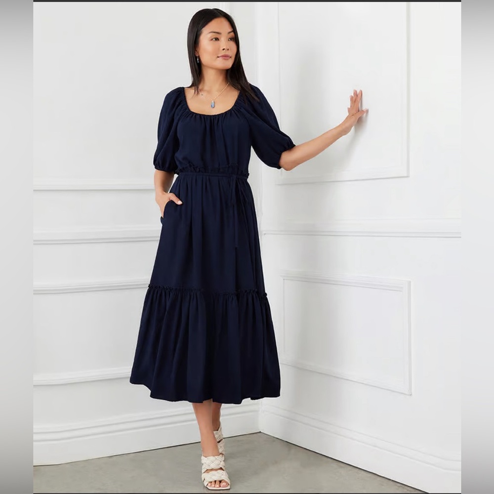 Karen Kane Navy Blue Puff Sleeve Dress, Large, NEW